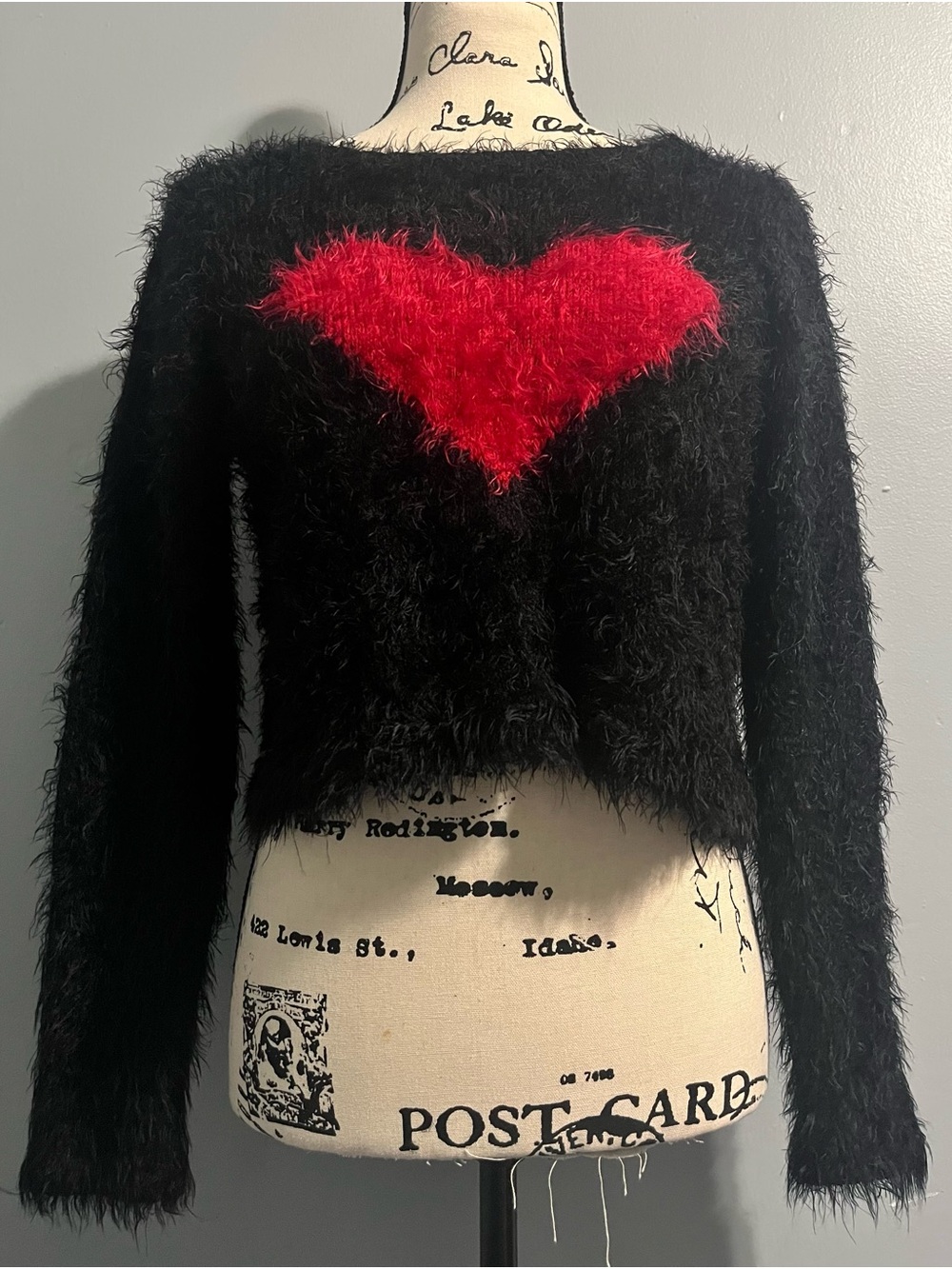 Say What? Black Fuzzy Cropped Sweater with Red Heart